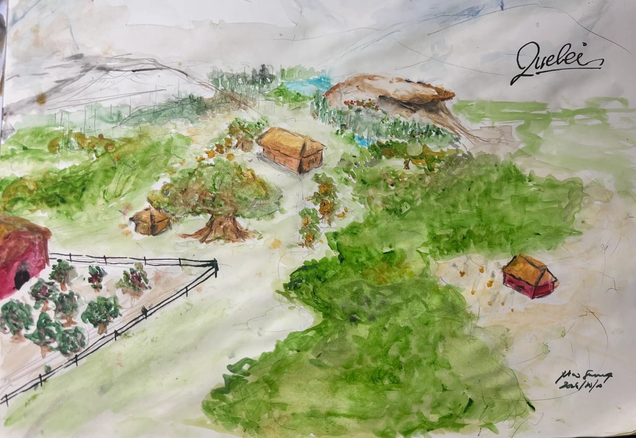 Queilei watercolor: woodland cottages, tree dwellings, a fenced orchard, and mountains